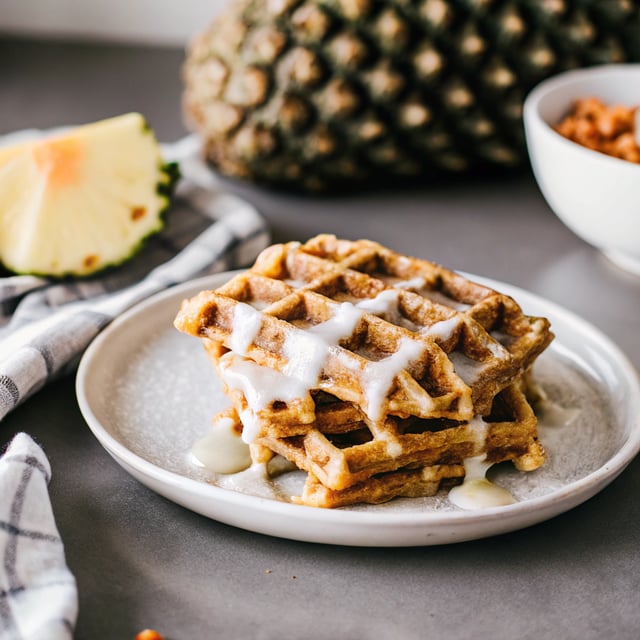 Whole Wheat Pineapple-Carrot Cake Waffles with Maple Cream Cheese Glaze