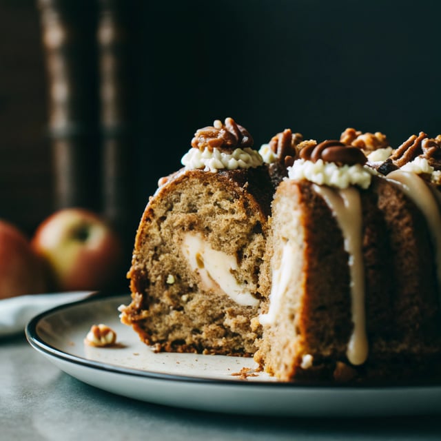 Apple Bundt Cake with Cream Cheese Filling & Praline Frosting