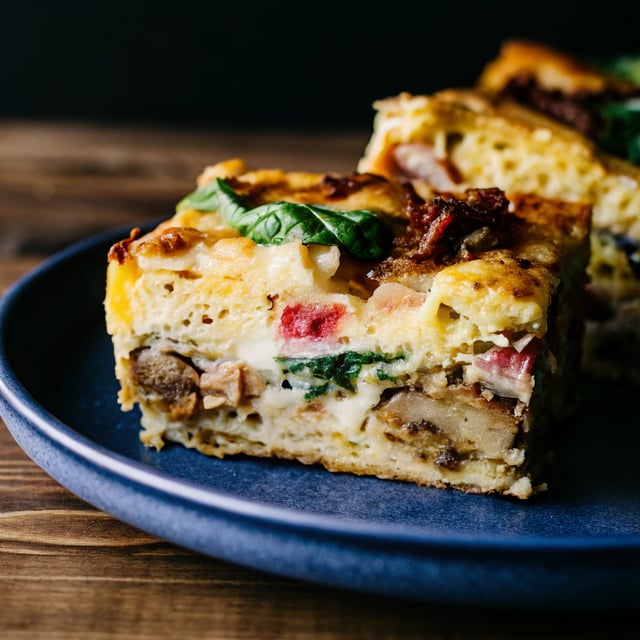 Cheesy Bacon, Mushroom & Spinach Breakfast Strata