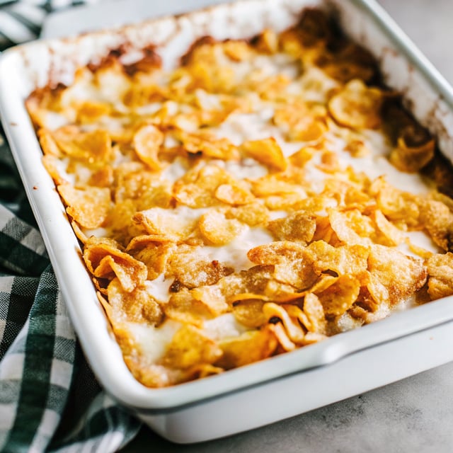 Cheesy Potato Casserole with Corn Flake Topping