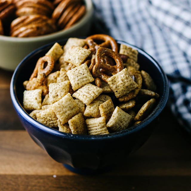 Cinnamon-Sugar Candied Chex Mix with Pecans and Pretzels
