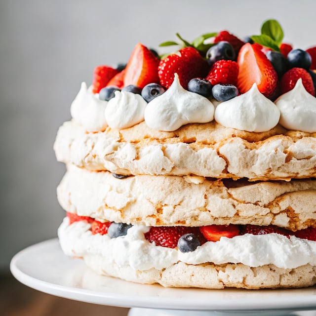 Pavlova Layer Cake with Whipped Cream & Berries