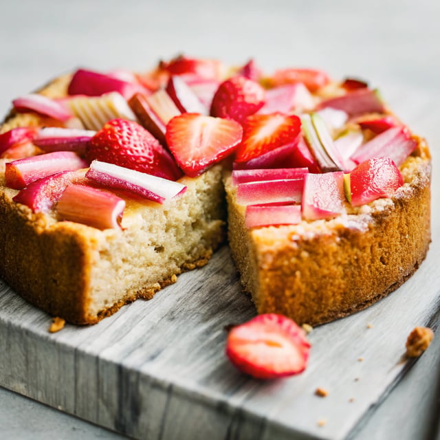 Almond Cake with Roasted Strawberries & Rhubarb on Top