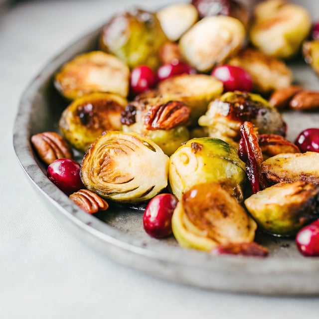 Balsamic Roasted Brussels Sprouts with Cranberries & Pecans