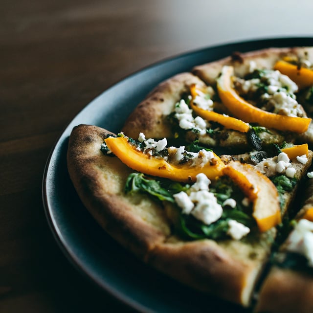 Butternut Ribbon Goat Cheese Pizza with Arugula-Pepita Pesto