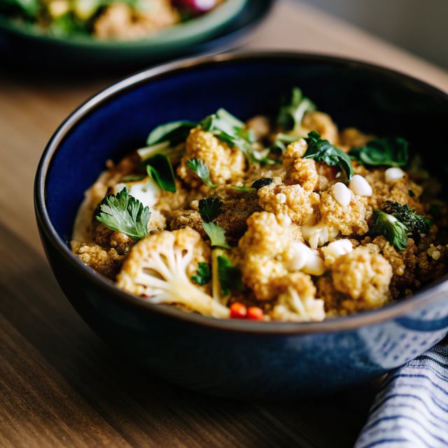Curried Coconut Quinoa and Greens with Roasted Cauliflower