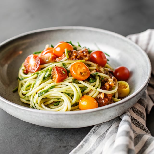 Double Tomato Pesto Spaghetti with Zucchini Noodles