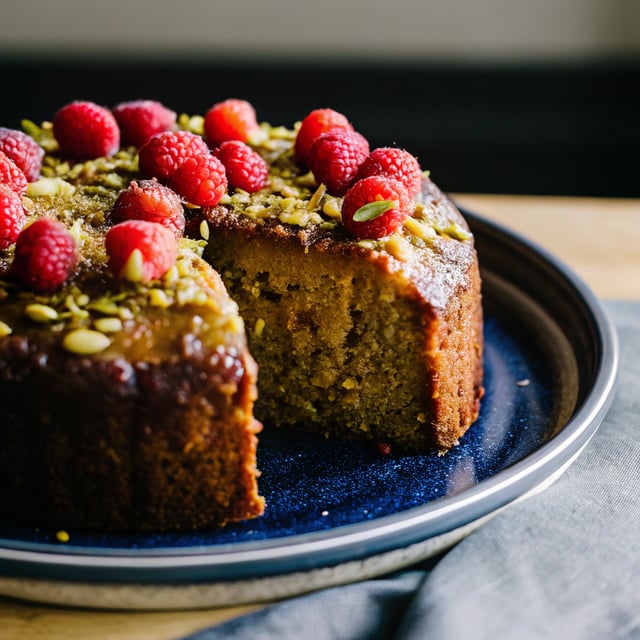 Honey Almond Cake with Raspberries, Orange and Pistachios