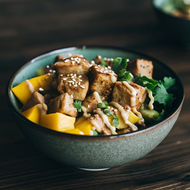 Mango “Burrito” Bowls with Crispy Tofu and Peanut Sauce