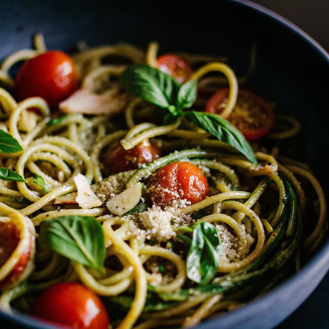 Pesto Squash Noodles and Spaghetti with Burst Cherry Tomatoes