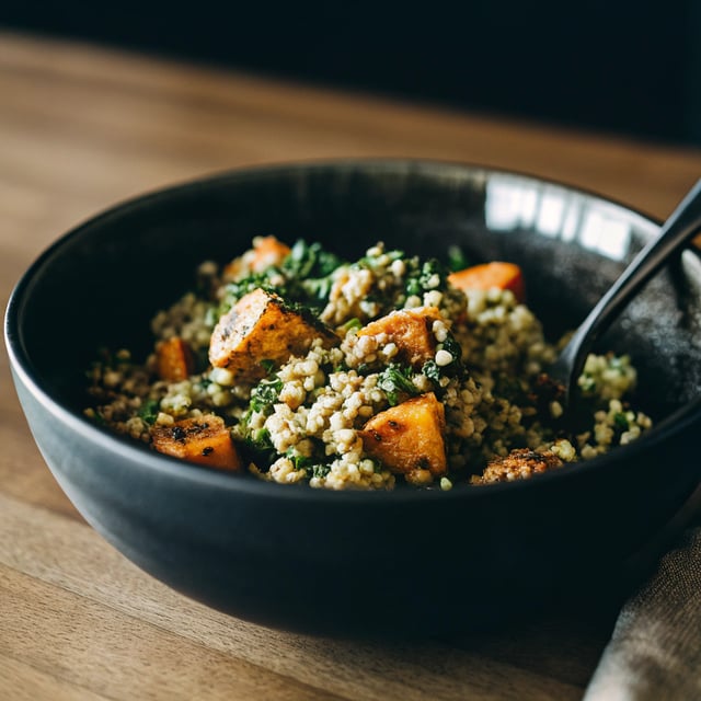 Quinoa Salad with Roasted Sweet Potato, Kale & Pesto Vinaigrette
