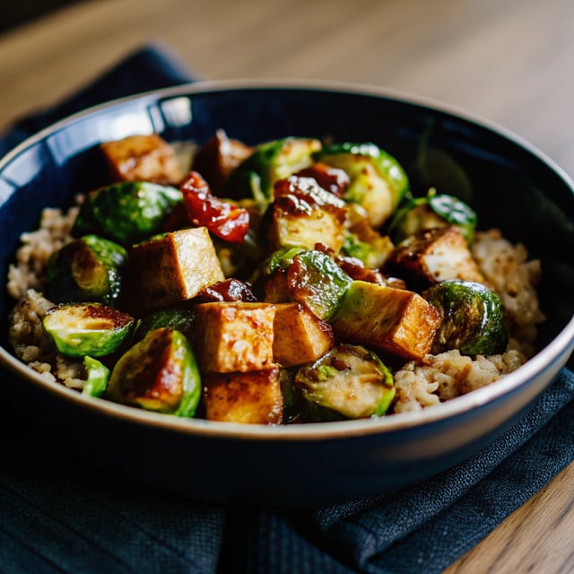 Roasted Brussels Sprouts and Crispy Baked Tofu with Honey-Sesame Glaze