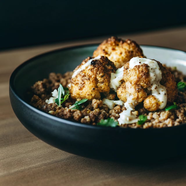 Roasted Cauliflower, Freekeh and Garlicky Tahini Sauce