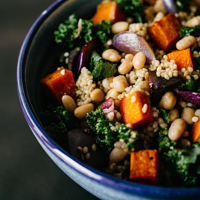 Southwestern Kale Power Salad with Sweet Potato, Quinoa & Avocado Sauce