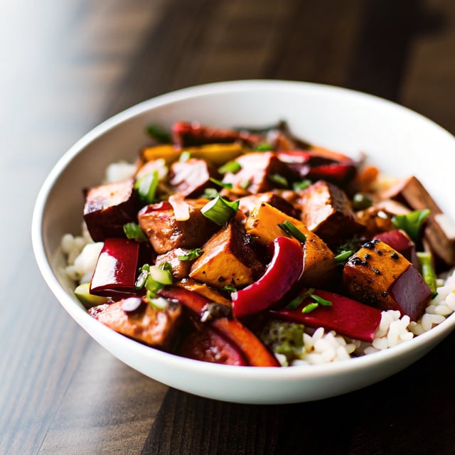 Spicy Thai Peanut Sauce over Roasted Sweet Potatoes and Rice