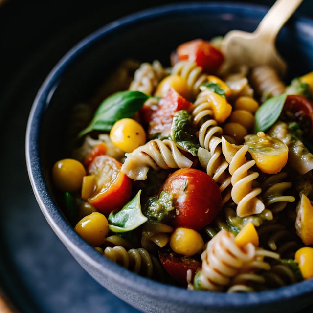 Summertime Pasta Salad with Tomatoes, Corn and Jalapeño Pesto