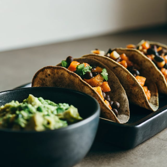 Sweet Potato & Black Bean Tacos with Avocado-Pepita Dip