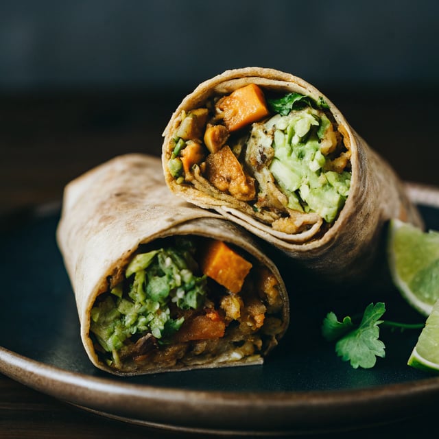 Sweet Potato Burrito Smothered in Avocado Salsa Verde