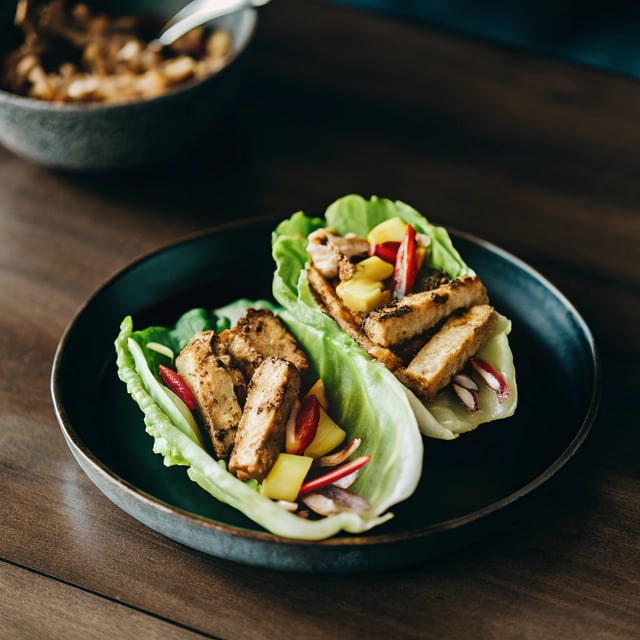 Thai Mango Cabbage Wraps with Crispy Tofu and Peanut Sauce