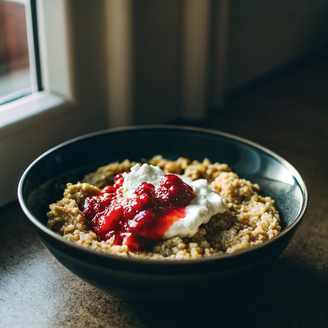 Toasted Oatmeal with Strawberry Chia Jam and Coconut Whipped Cream
