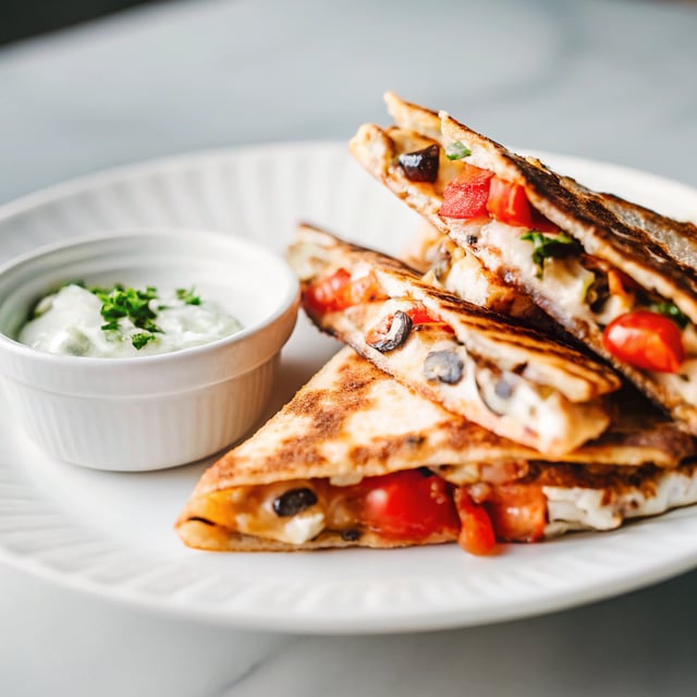 Tomato, Olive and Chickpea Quesadillas with Dill Yogurt Dip