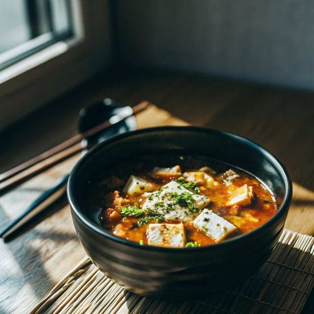 Kimchi sundubu-jjigae (김치순두부찌개) Spicy soft tofu stew with kimchi...