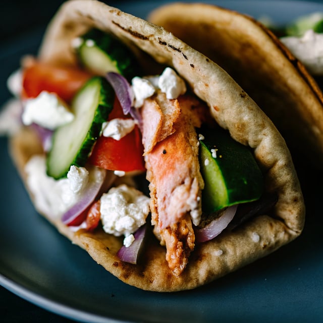 Broiled Salmon Gyros with Cucumber Feta Yogurt Dip