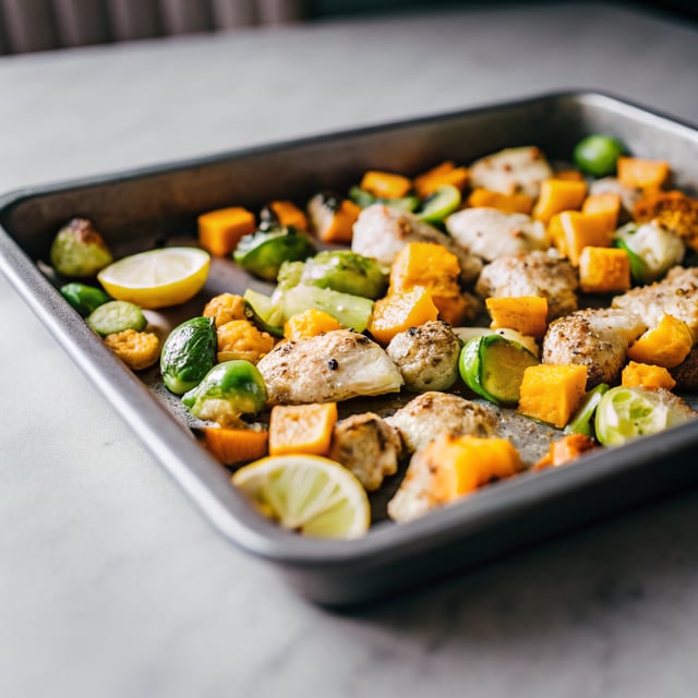 One Pan Lemon Chicken with Butternut Squash and Brussels Sprouts