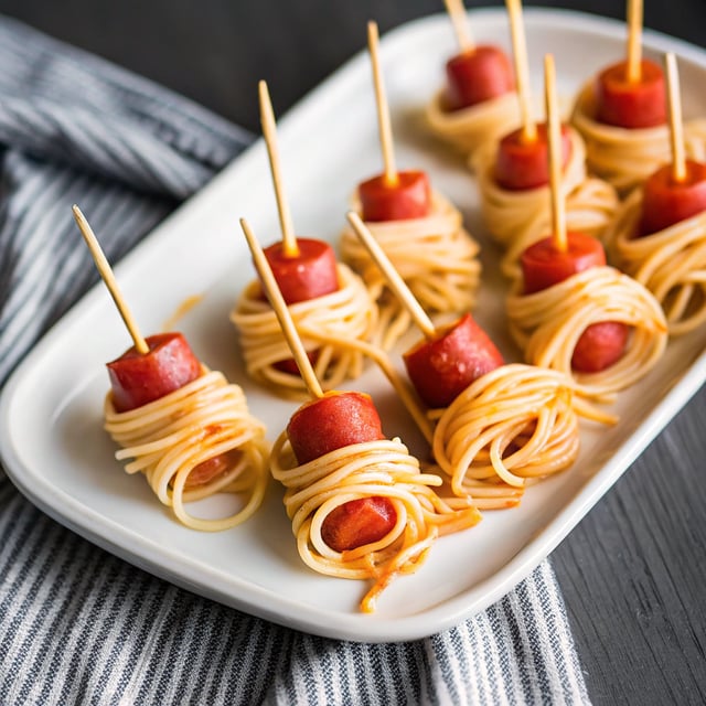 Threaded Spaghetti Hot Dog Bites with Homemade Marinara Sauce