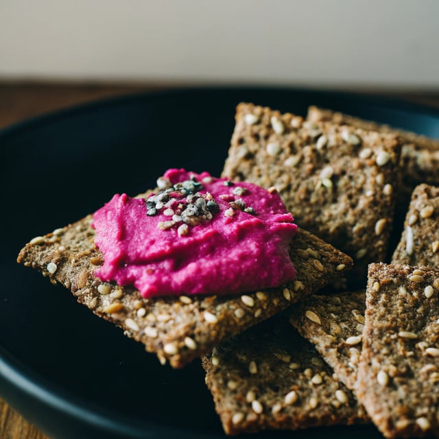 Beetroot Hummus on Seed Crackers
