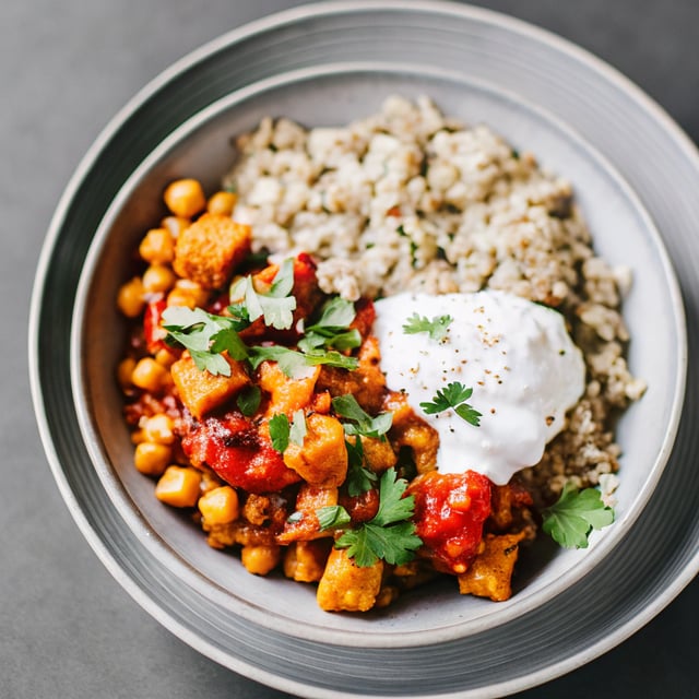 Chickpea, Tofu & Harissa Stew With Brown Rice & Yoghurt