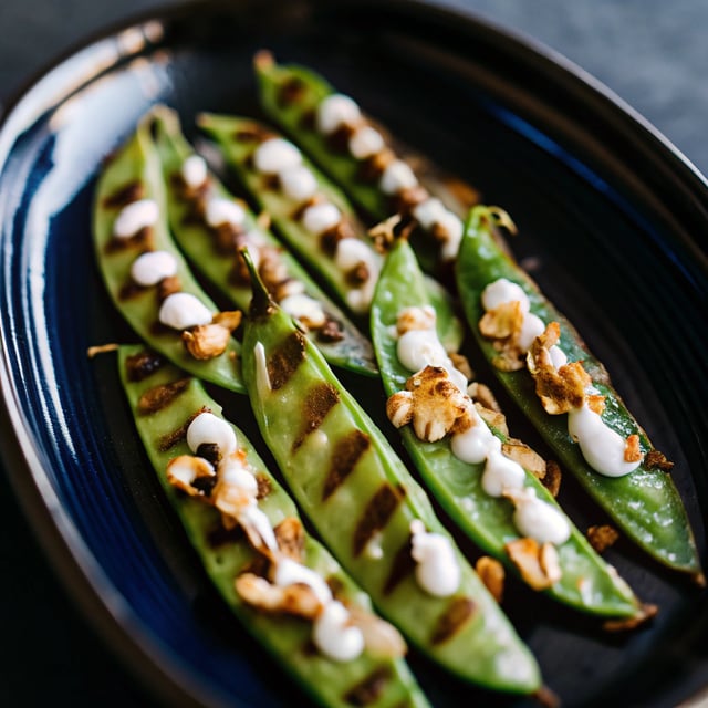 Grilled Sugar Snaps, Lemon Yoghurt & Crispy Garlic