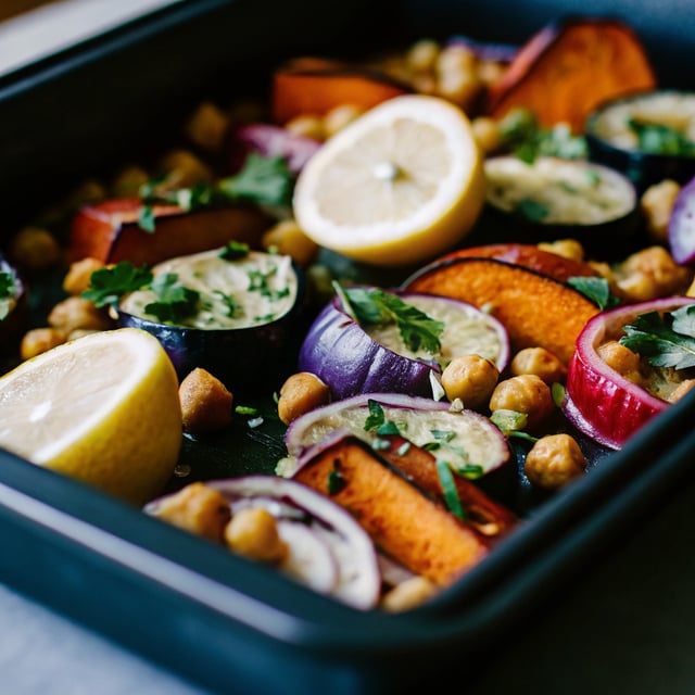 Harissa Aubergine, Sweet Potato & Chickpea Traybake