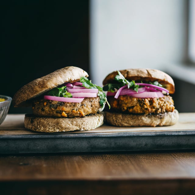 Miso, Tempeh & Black Bean Burgers With Pickled Red Onions