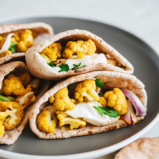 Roasted Turmeric Cauliflower & Hummus Pittas