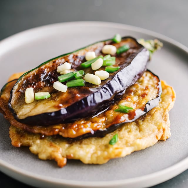 Spring Onion Pancake With Miso-Glazed Aubergine