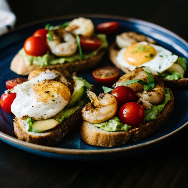 Avocado Toasts with Charred Tomatoes, Garlic Shrimp and Fried Eggs