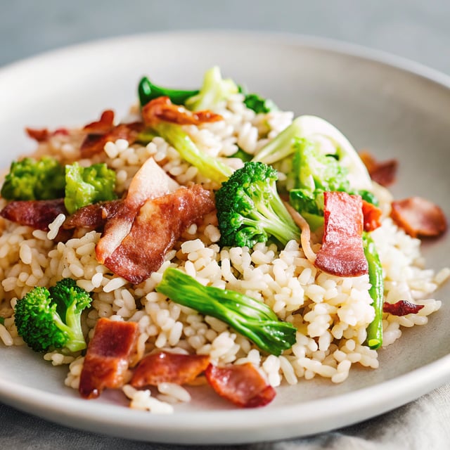 Bacon Fried Rice with Broccoli and Wilted Greens