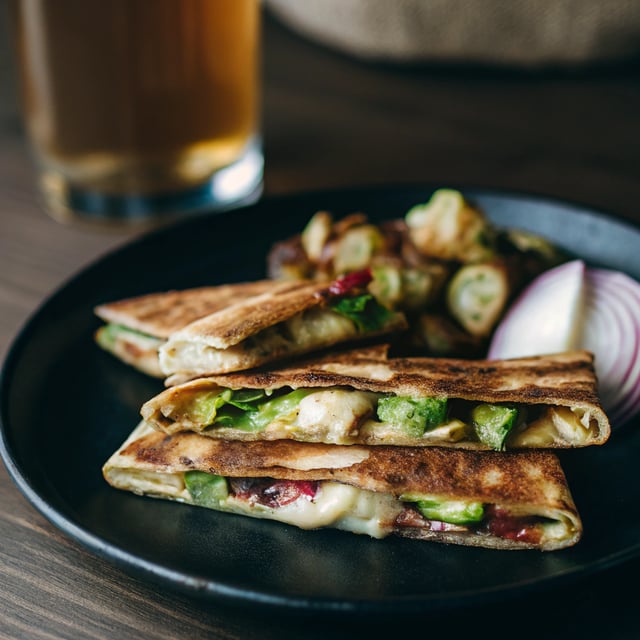 Brie Quesadillas with Brussels Sprouts, Bacon and Beer-Glazed Onions