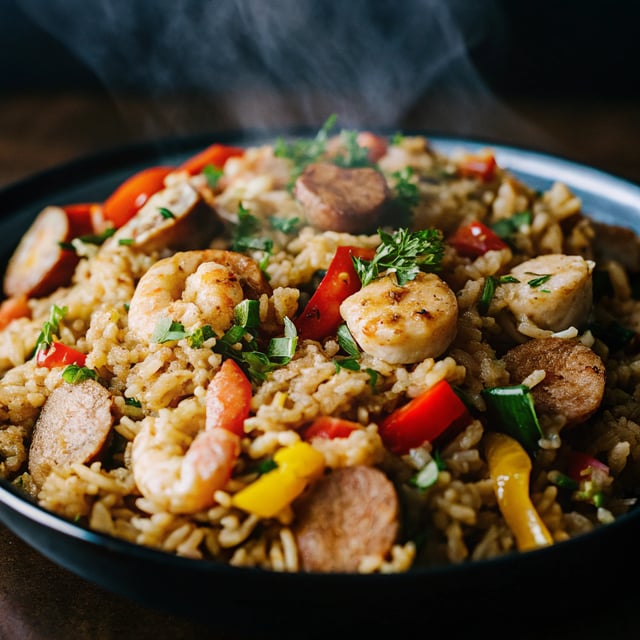 Brown Rice Jambalaya with Shrimp, Chicken Sausage and Bell Peppers