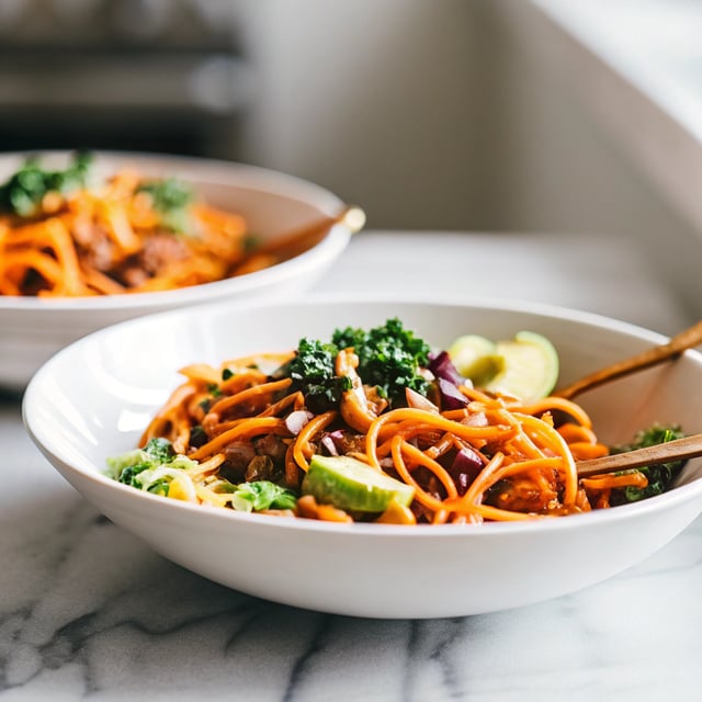 Butternut Squash Noodle, Black Bean, and Kale Enchilada Bowls