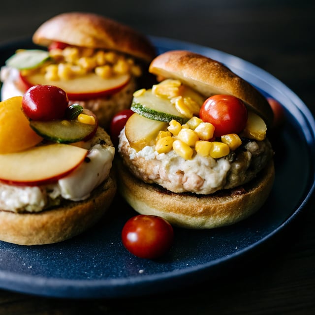 Chicken and Goat Cheese Burgers with Peaches, Corn and Cherry Tomatoes