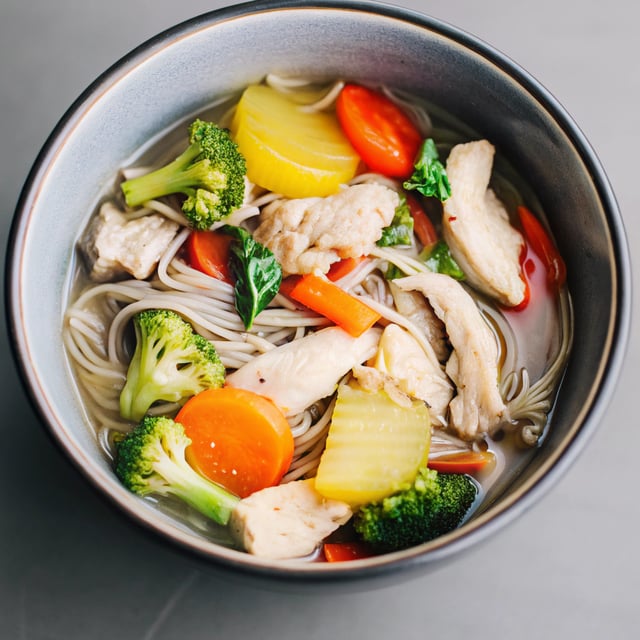 Chicken and vegetables with brown rice vermicelli in ginger-soy broth