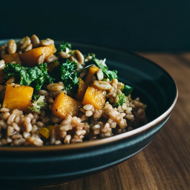 Farro with Chipotle Glazed Squash, Kale and Toasted Pepitas
