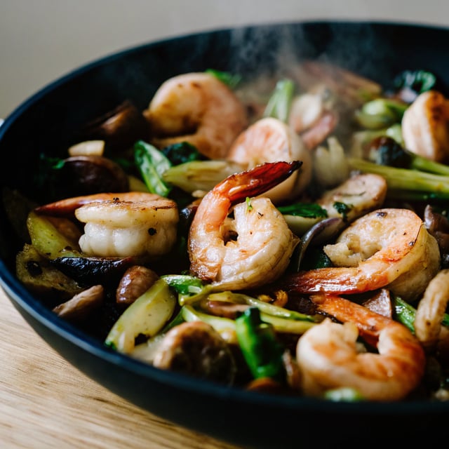 Garlicky Shrimp Stir-Fry with Shiitake Mushrooms and Baby Bok Choy