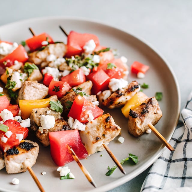 Grilled Chicken Skewers with Watermelon Salsa and Feta