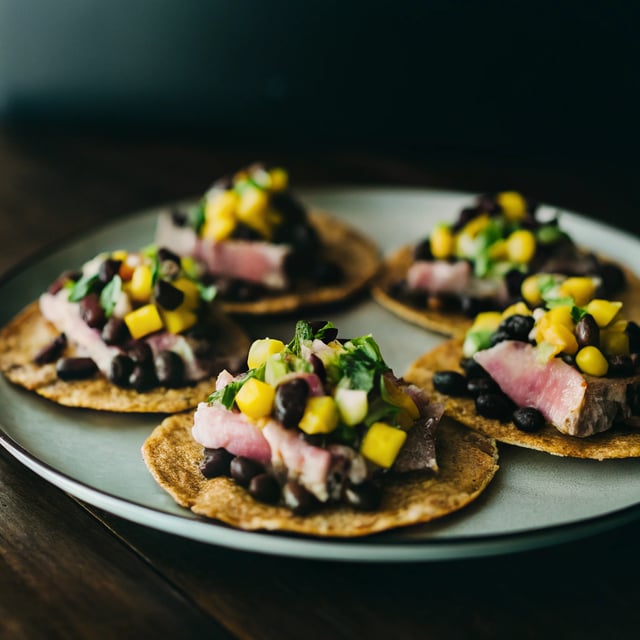 Grilled Tuna Tostadas with Black Bean-Mango Salsa