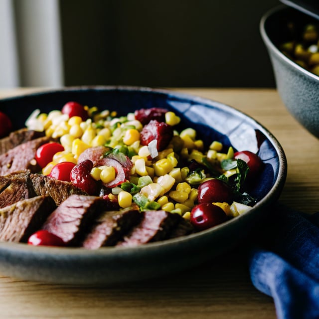 Marinated Skirt Steak with Sweet Corn and Cherry Salad