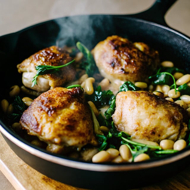 One Skillet Braised Chicken Thighs with Spinach and Cannellini Beans