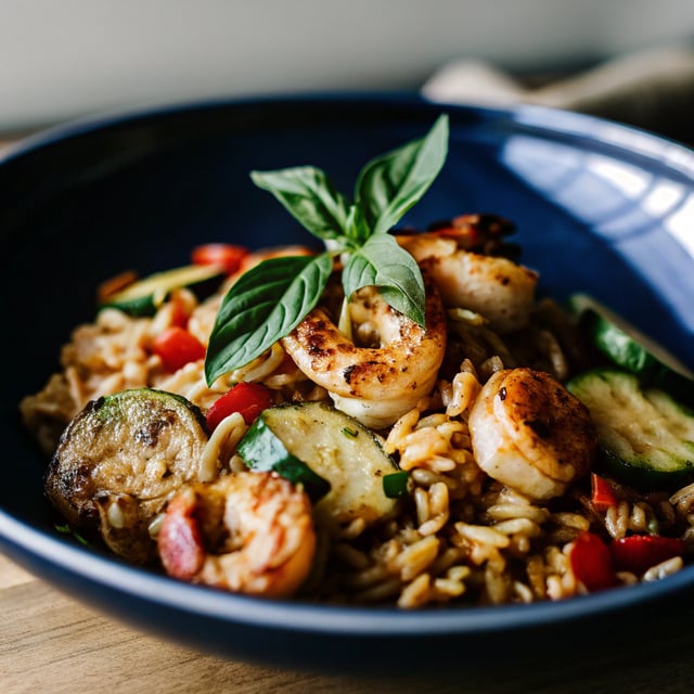 Orzo with Tomato Basil Sauce, Zucchini, and Grilled Shrimp